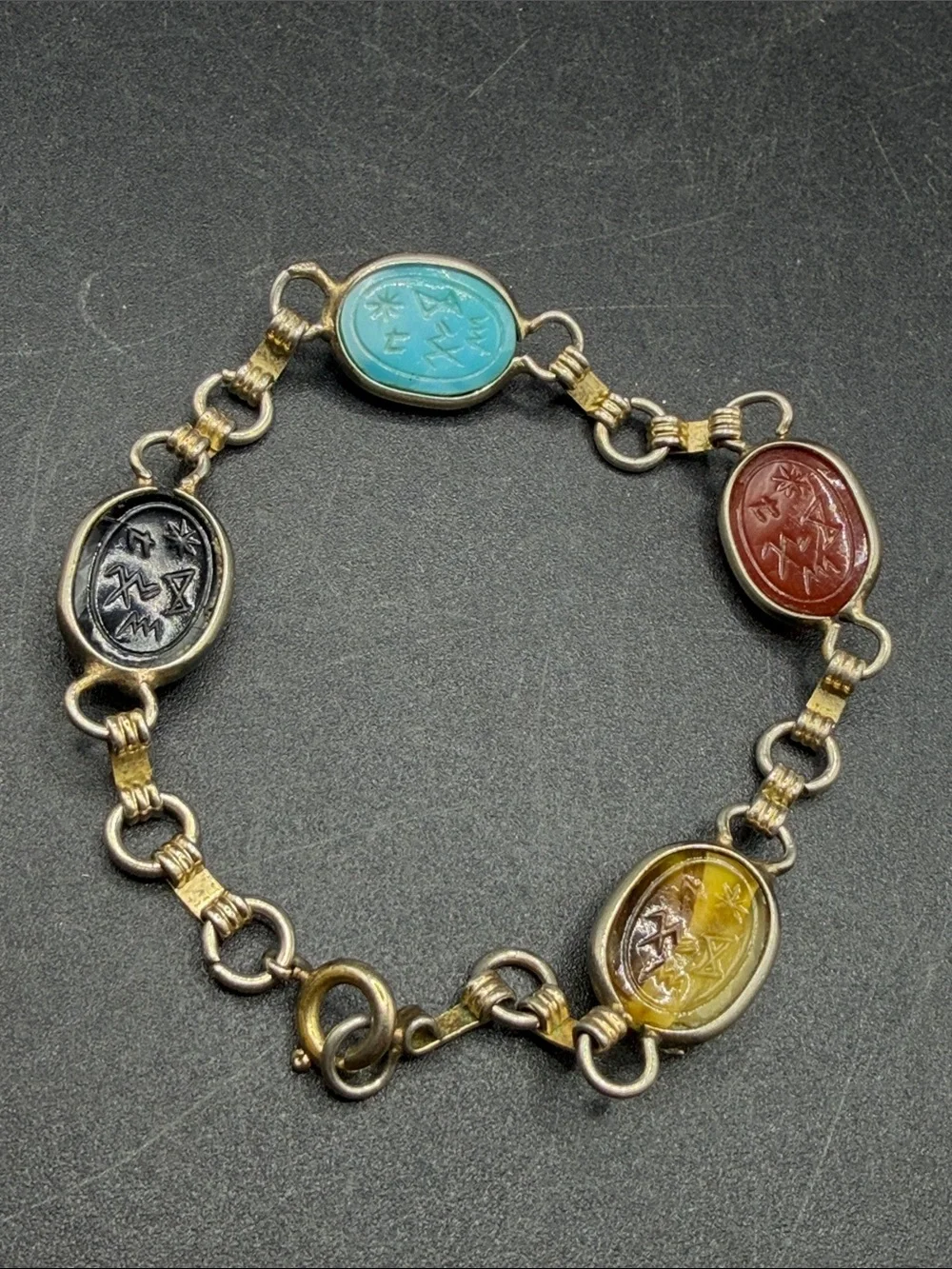 Vintage Egyptian Revival Multicolor Etched Scarab Beetle Motif Cabochon Bracelet